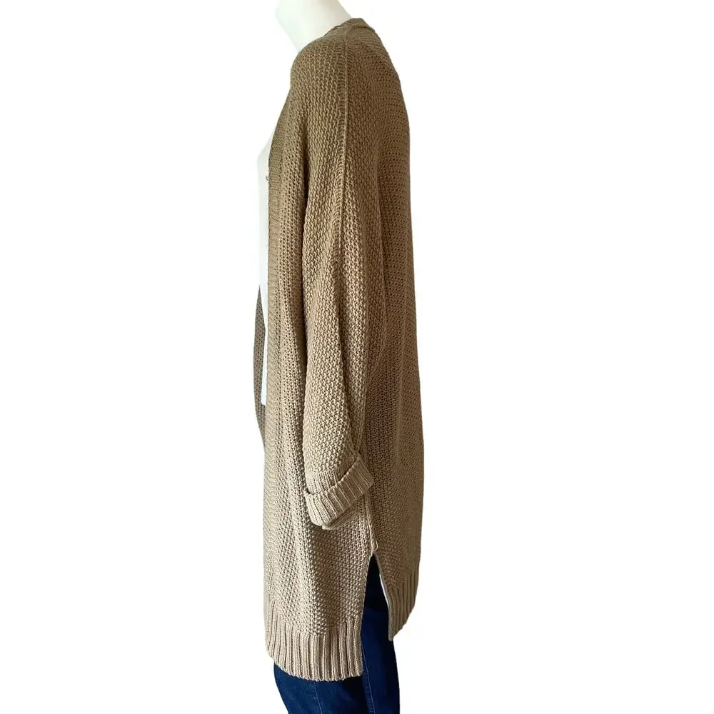 NINEXIS Tan Beige Chunky Knit Open Front Longline Cardigan Sweater Womens M - Picture 4 of 9